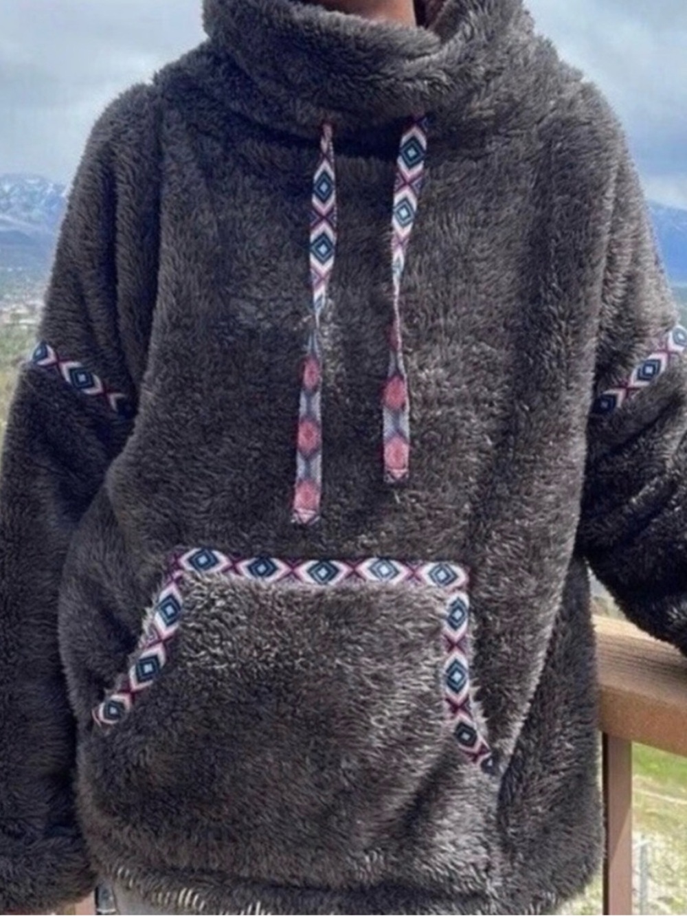 Sundance Mountain Loft Cowl-Neck Sherpa Pullover In Gray